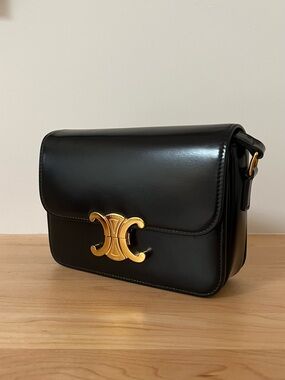 Authentic Celine Teen Triomphe Bag Black Shiny Calfskin